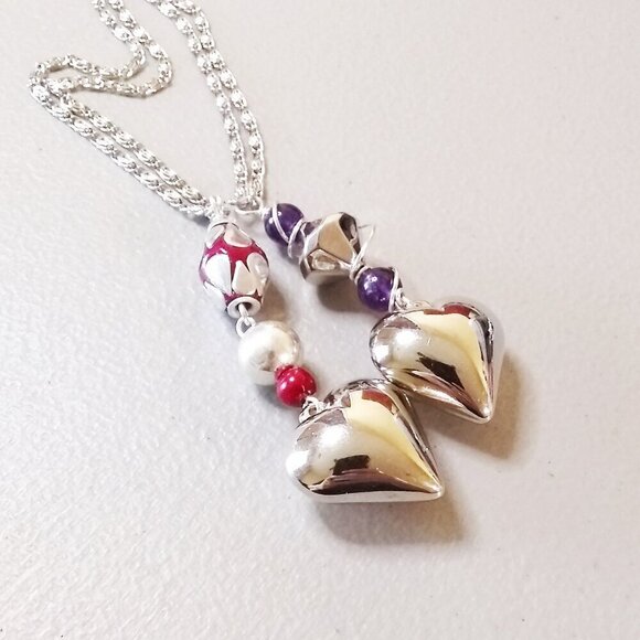 Chunky Heart Necklace ~ Amethyst Beads & Ornate Chain! Sexy Mom or Lovers Gift - Picture 7 of 10